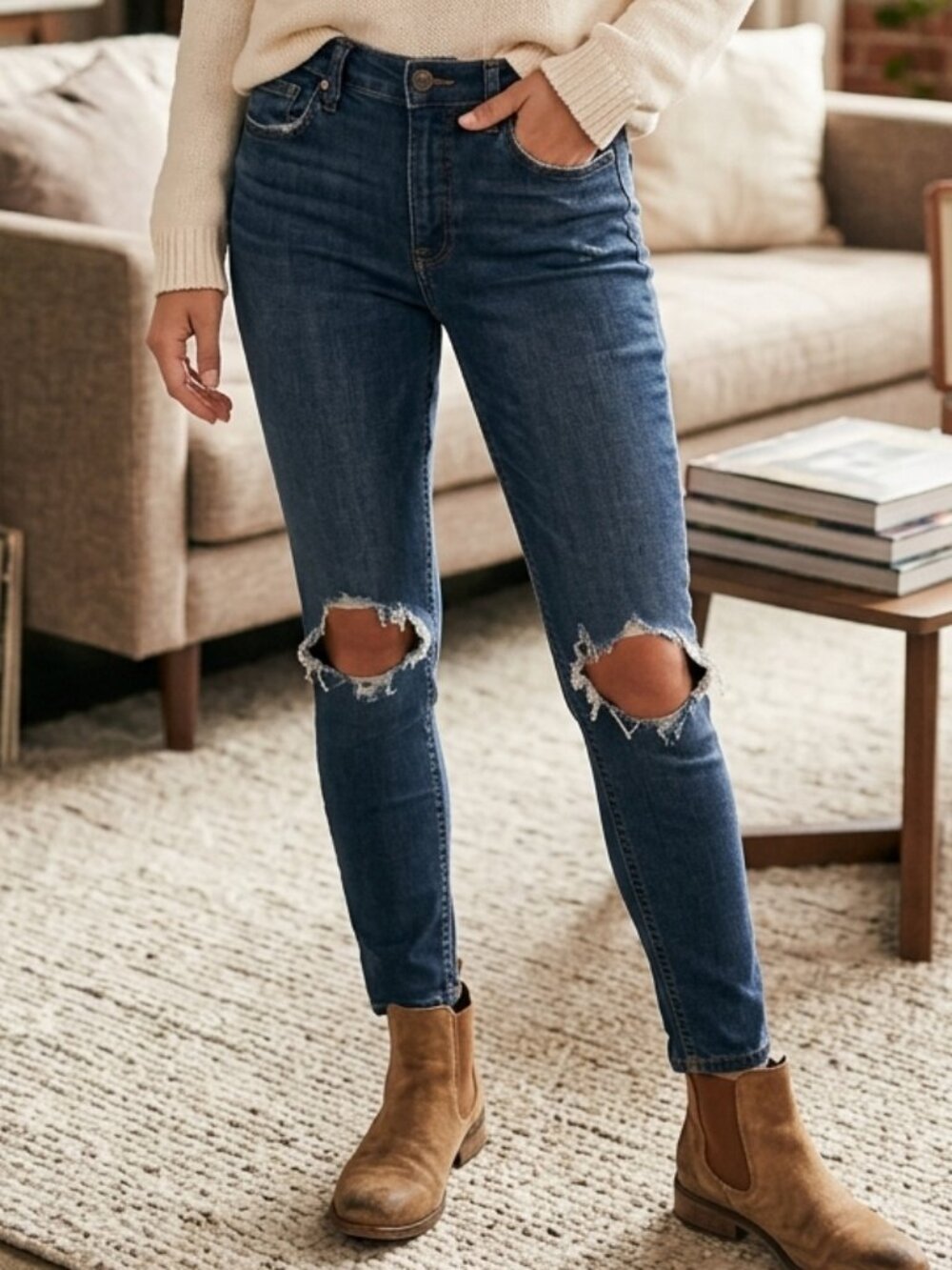 Free People Busted Knee High Rise Skinny Jeans Size 28 Regular Dark Wash